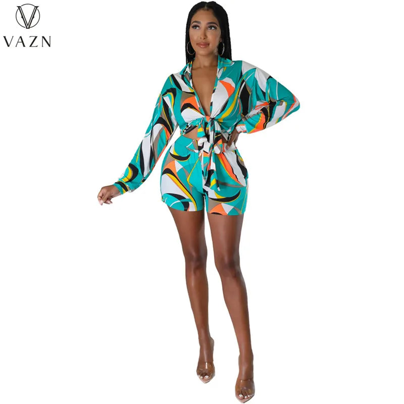 VAZN 2023 New Street Casual Style Women Sets Long Sleeve Lapel Top Elastic Short Pants Lady Printed Lady Two Piece Set