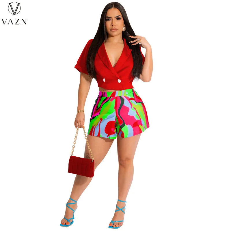 VAZN 2023 Street Casual Style Women Sets Short Sleeve Lapel Short Top Short Pants Lady Printed Lady Two Piece Set