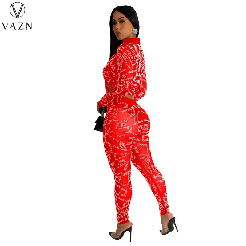 VAZN New 2023 Long Sleeve Lapel Short Top Elastic Long Pants Pure Color Lady Two Piece Set Sexy Street Style Women Suit