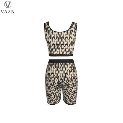 VAZN 2023 Street Girl Style Women Sets Sleeveless Round Neck Short Top Elastic Short Pants Lady Printed Lady 2 Piece Set