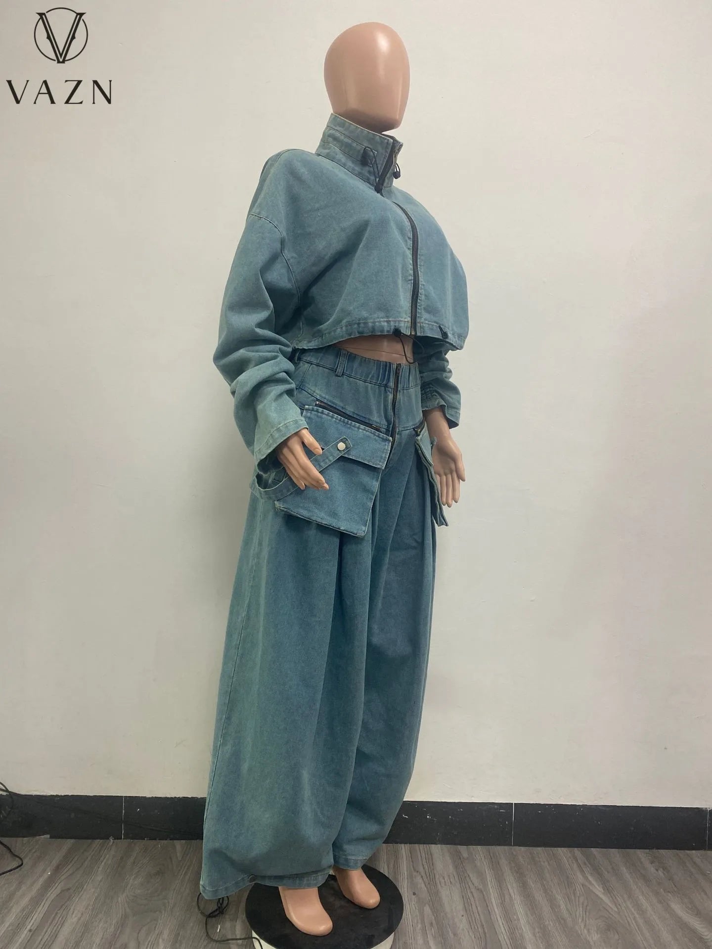 VAZN 2023 Hot Popular Denim Loose Set Solid Young Lazy High-end Full Sleeve Safari Style + Long Wide Leg Pants Women 2 Piece Set