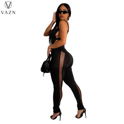 VAZN 2023 New Fashion Sexy Street Style 2 Piece Sets Sleeveless Jumpsuits Elastic Long Pants Pure Color Women Set