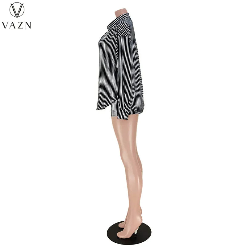 VAZN 2022 New Women Casual Street Style Sets Long Sleeve Lapel Single Breasted Shirt Elastic Short Pants Striped 2 Piece Set