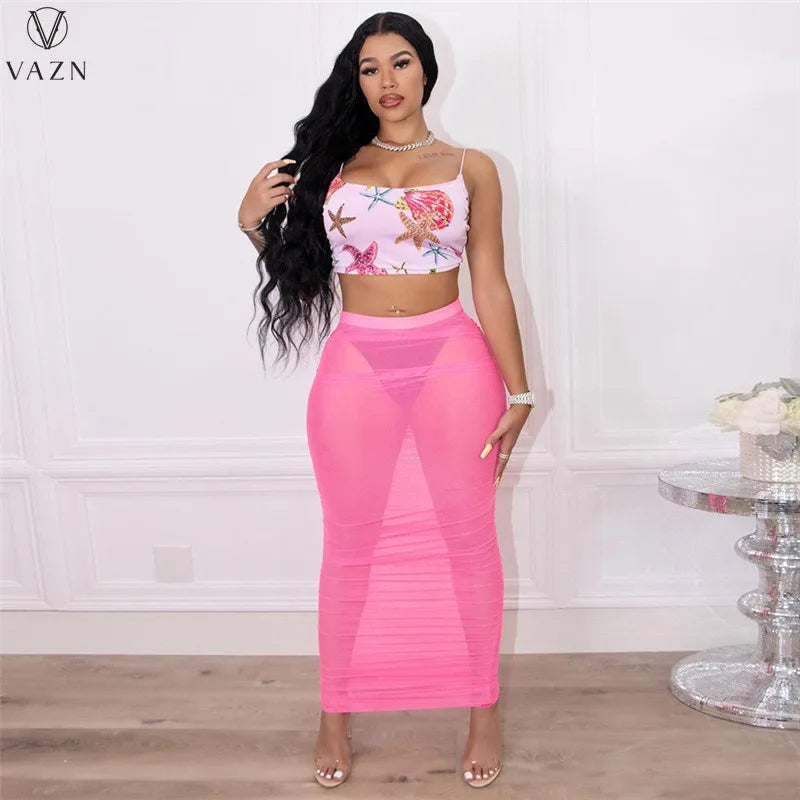 VAZN 2022 Sexy Holiday Beach Style Women Suit Sleeveless Dew Waist Top Elastic Ankle Length Skirt Printed Two Piece Set