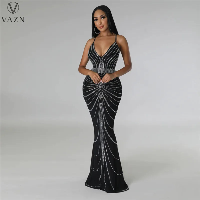 VAZN 2023 Pure Color Lady Long Dresses Hot Sale Sleeveless Deep V Dress Sexy High Street Style Women Floor Length Dress