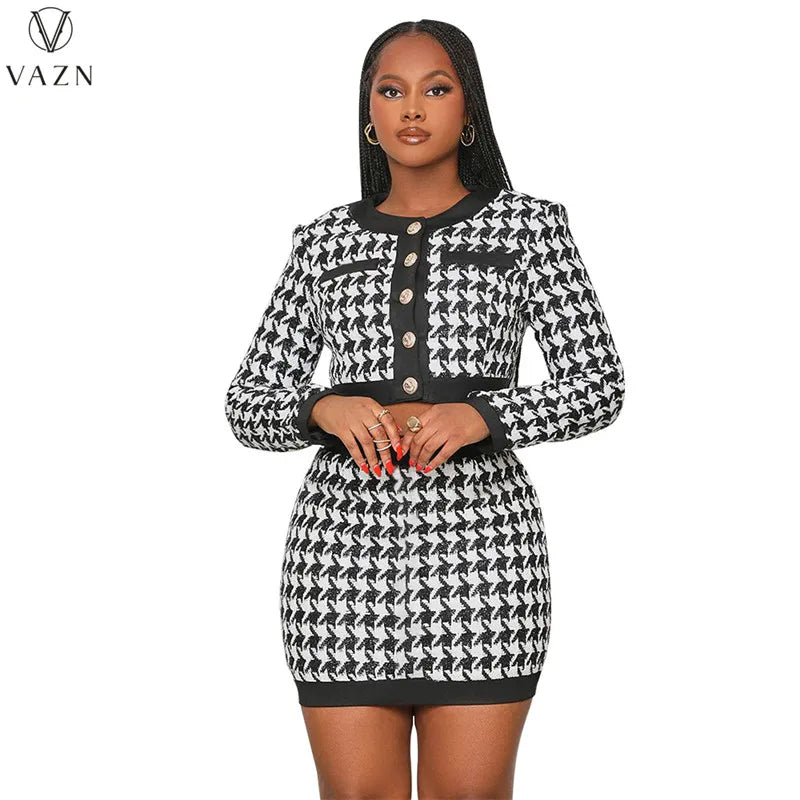 VAZN 2022 Street Girl Style Women Sets Long Sleeve Round Neck Short Top Elastic Mini Short Skirt Plaid Lady Two Piece Set