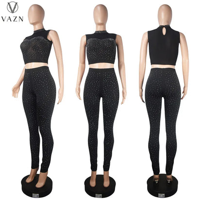 VAZN New 2023 Fashion Sexy Street Style Women Suit Sleeveless Round Neck Short Top Elastic Long Pants Pure Color Two Piece Sets