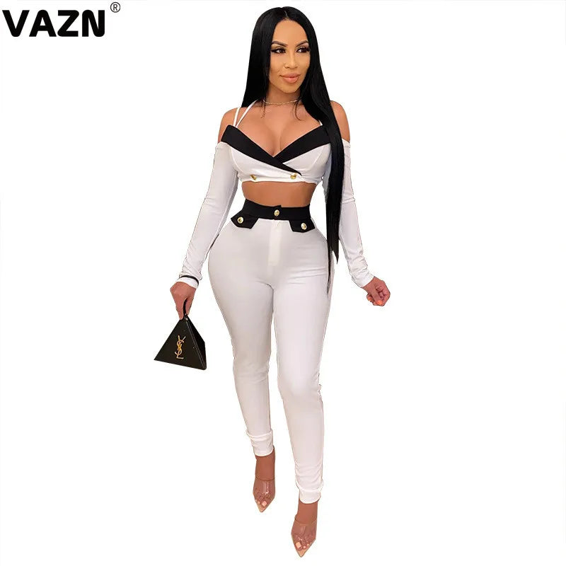 VAZN 2020 Patchwork Off Shoulder Bandage Sets Sexy Club Birthday Outfits Fashion Two Piece Women Sets