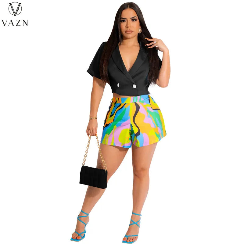 VAZN 2023 Street Casual Style Women Sets Short Sleeve Lapel Short Top Short Pants Lady Printed Lady Two Piece Set