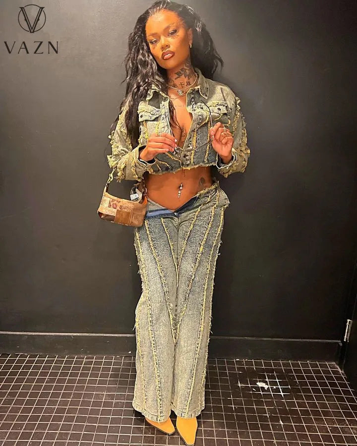 VAZN 2023 Hot List High-end Denim Set Young Sexy High Street Heavy Industry Full Sleeve + Lone Wide Leg Pants Women 2 Piece Set