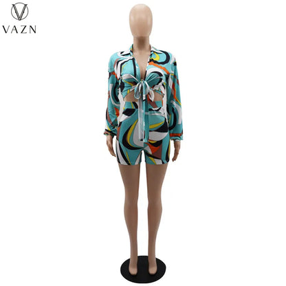 VAZN 2023 New Street Casual Style Women Sets Long Sleeve Lapel Top Elastic Short Pants Lady Printed Lady Two Piece Set