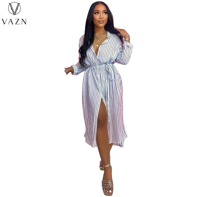 VAZN 2023  Top Quality Striped Casual Young Office Lady Chiffon Striped Full Sleeve Open Stitch Shirt Women Long Straight Dress