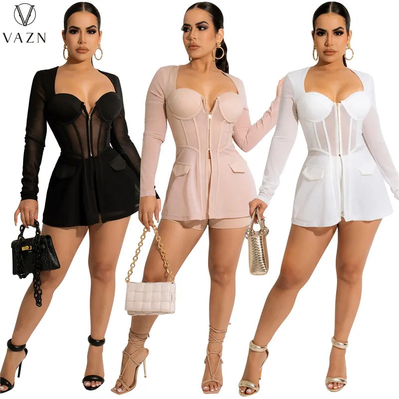 VAZN 2022 New Women Sexy Street Style Sets Long Sleeve Strapless Zipper Top Elastic Short Pants Pure Color 2 Piece Set