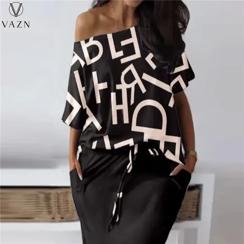 VAZN 2023 Hot Sale Street Girl Style Women Sets Short Sleeve Card Shoulder Top Elastic Floor Length Skirt Lady Printed Two Piece