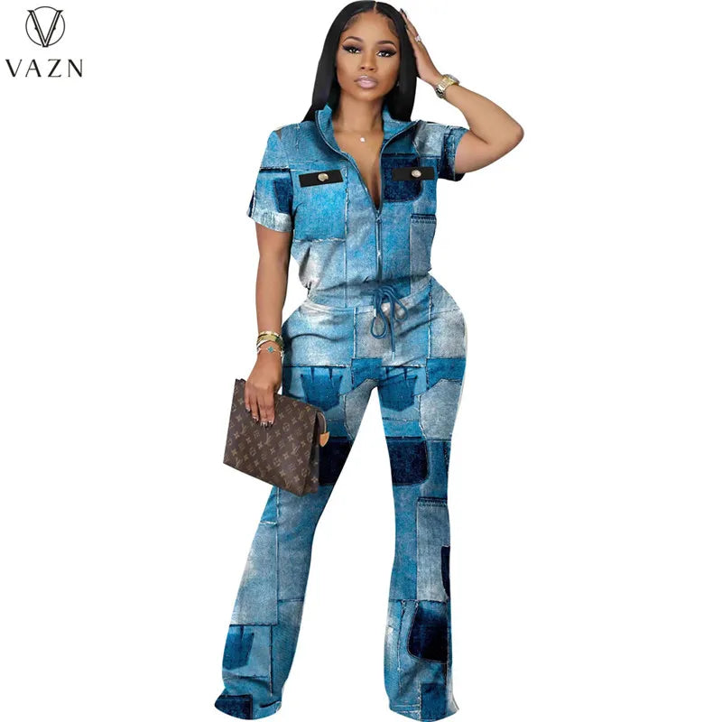 VAZN 2023 New Fashion Casual Street Style 2 Piece Sets Short Sleeve Lapel Zipper Top Elastic Long Pants Printed Women Set