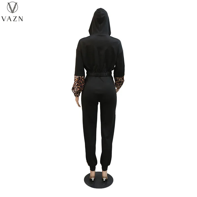 VAZN 2023 New Fashion Lady Casual Street Style 2 Piece Sets Long Sleeve Zipper Top Elastic Long Pants Leopard Grain Women Sets