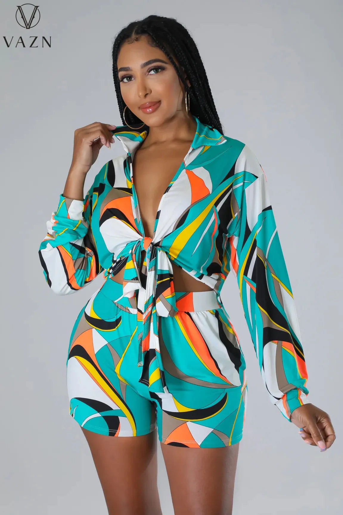 VAZN 2023 New Street Casual Style Women Sets Long Sleeve Lapel Top Elastic Short Pants Lady Printed Lady Two Piece Set