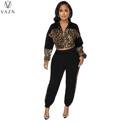 VAZN 2023 New Fashion Lady Casual Street Style 2 Piece Sets Long Sleeve Zipper Top Elastic Long Pants Leopard Grain Women Sets