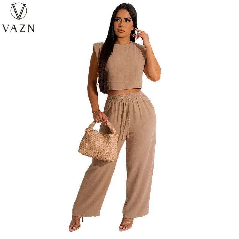 VAZN New 2023 Short Sleeve Round Neck Top Elastic Long Pants Pure Color 2 Piece Set Casual Street Style Women Suit