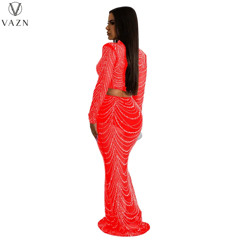 VAZN 2023 Hot Sale High Street Style Women Sets Long Sleeve Round Neck Short Top Elastic Floor Length Skirt Lady 2 Piece Sets