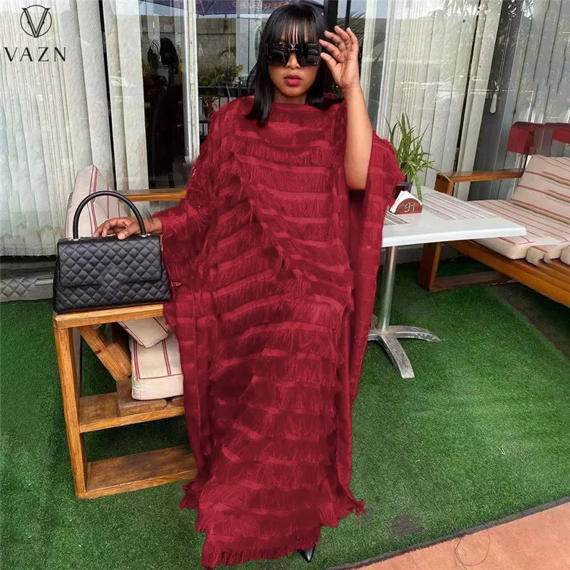 VAZN 2023 Pure Color Lady  Long Dresses Hot Sal Long Sleeve Round Neck Dress High Street Style Women Floor Length Dress