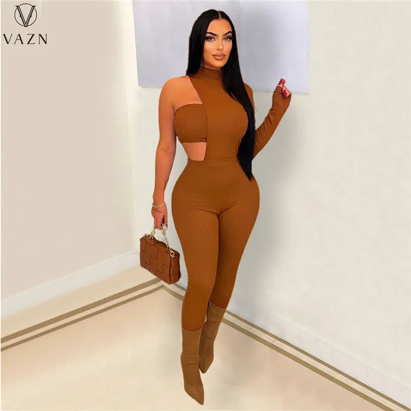 VAZN 2023 New Fashion Lady Sexy Street Style 2 Piece Sets Long Sleeve  Dew Shoulder Jumpsuits Long Pants Strapless Top Women Set