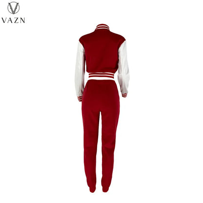 VAZN 2022 Fashion Lady Street Casual Style 2 Piece Sets Long Sleeve Short Top Elastic Long Pants Pure Color Women Suit