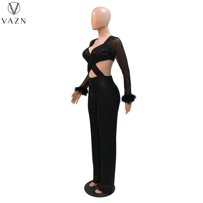 VAZN New 2023 Fashion Sexy Street Style Women Suit Long SleeveV Neck Short Top Elastic Long Pants Pure Color Two Piece Sets