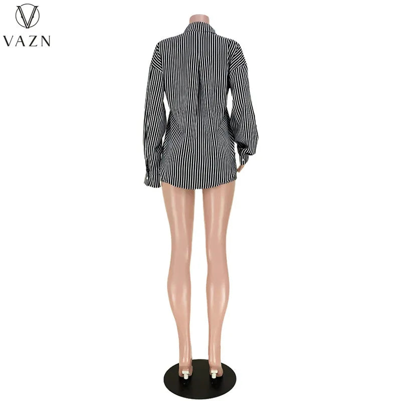 VAZN 2022 New Women Casual Street Style Sets Long Sleeve Lapel Single Breasted Shirt Elastic Short Pants Striped 2 Piece Set