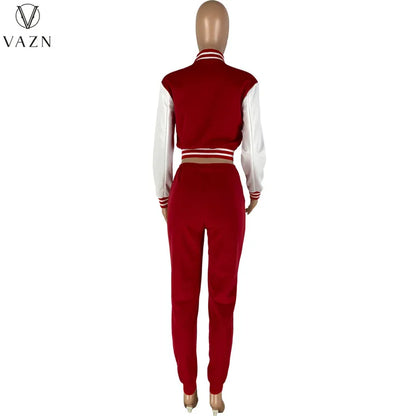 VAZN 2022 Fashion Lady Street Casual Style 2 Piece Sets Long Sleeve Short Top Elastic Long Pants Pure Color Women Suit