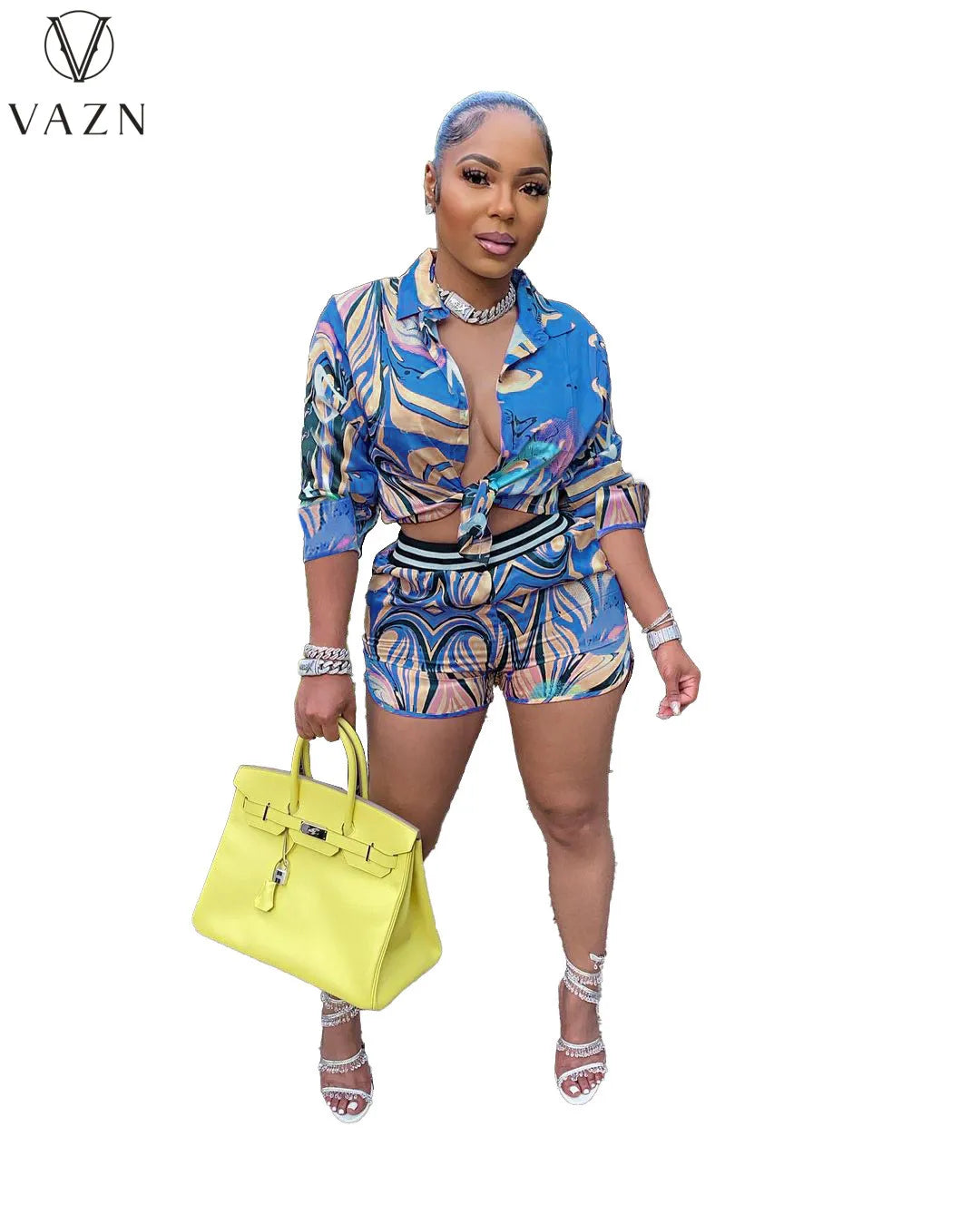 VAZN 2022 Ladies Fashion Street Girl Style Women Suit Long Sleeve Lapel Shirt Elastic Short Pants Printed Two Piece Sets