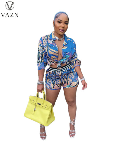 VAZN 2022 Ladies Fashion Street Girl Style Women Suit Long Sleeve Lapel Shirt Elastic Short Pants Printed Two Piece Sets