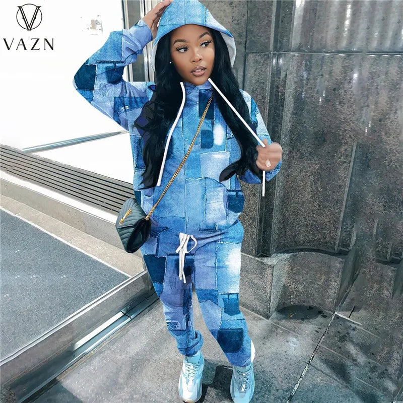 VAZN New 2022 Fashion Street Casual Style Women Suit Long Sleeve Hooded Collar Top Elastic Long Pants Printed Two Piece Sets