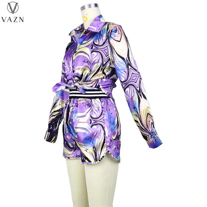 VAZN 2022 Ladies Fashion Street Girl Style Women Suit Long Sleeve Lapel Shirt Elastic Short Pants Printed Two Piece Sets