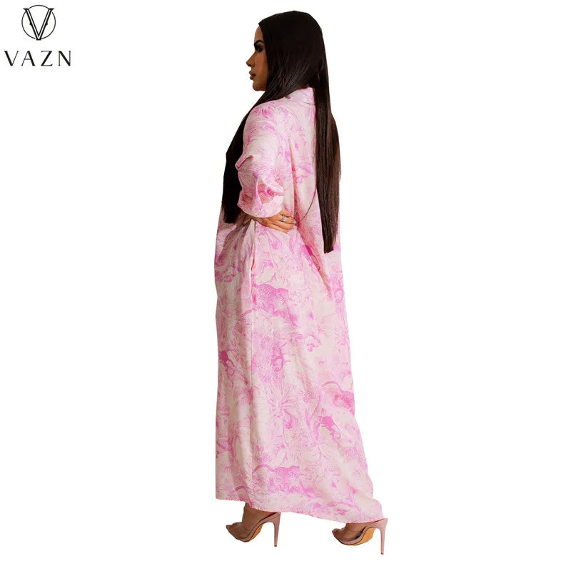 VAZN 2023 Printed Lady Long Dresses Hot Sale Long Sleeve Lapel Dress Street Causal Style Women Floor Length Shirt Dress