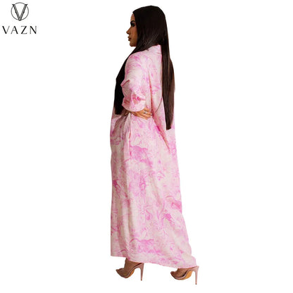 VAZN 2023 Printed Lady Long Dresses Hot Sale Long Sleeve Lapel Dress Street Causal Style Women Floor Length Shirt Dress