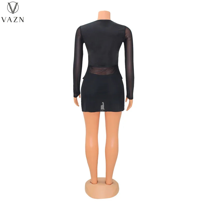 VAZN 2022 New Women Sexy Street Style Sets Long Sleeve Strapless Zipper Top Elastic Short Pants Pure Color 2 Piece Set