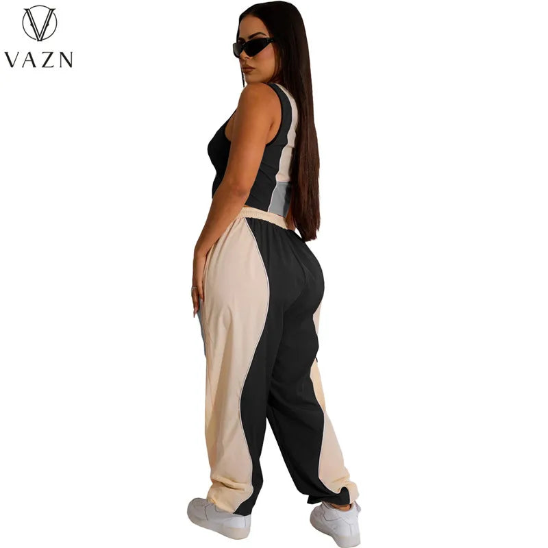 VAZN New 2023 Sleeveless One Shoulder Short Top Elastic Long Pants Printed Lady 2 Piece Set Fashion Casual Street Style