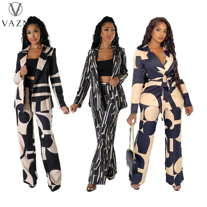 VAZN 2023 Hot Popular Retro Print Suit Set Office Lady Open Stitch Full Sleeve + Long Wide Leg Pants Women 2 Piece Set