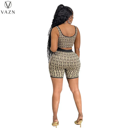 VAZN 2023 Street Girl Style Women Sets Sleeveless Round Neck Short Top Elastic Short Pants Lady Printed Lady 2 Piece Set