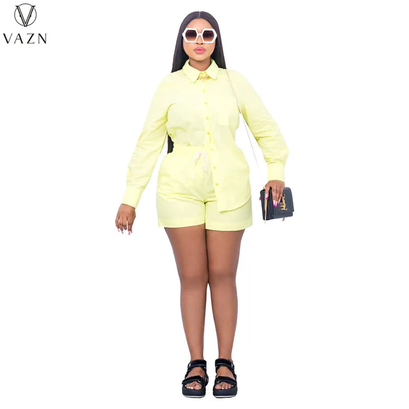 VAZN New 2022 Ladies Spring Fashion Street Girl Style Women Suit Long Sleeve Lapel Shirt Elastic Short Pants Pure Color Set