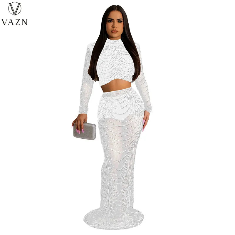 VAZN 2023 Hot Sale High Street Style Women Sets Long Sleeve Round Neck Short Top Elastic Floor Length Skirt Lady 2 Piece Sets