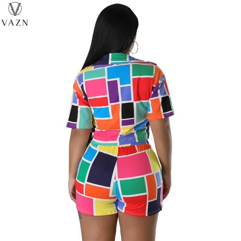 VAZN 2023 Sexy Girl Style Women Sets Short Sleeve Lapel Short Elastic Pockets Short Pants Lady Printed Lady 2 Piece Set