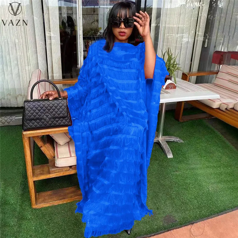 VAZN 2023 Pure Color Lady  Long Dresses Hot Sal Long Sleeve Round Neck Dress High Street Style Women Floor Length Dress