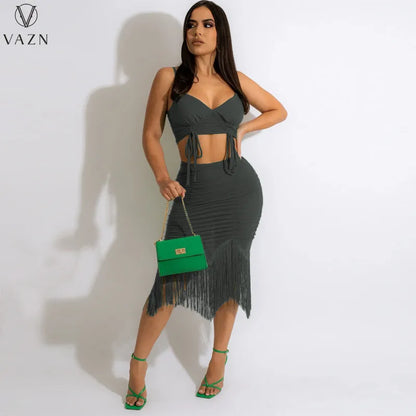 VAZN 2022 Sexy Street Style Women Suit Sleeveless Dew Waist Top Elastic Mid Long Skirt Pure Color Two Piece Set