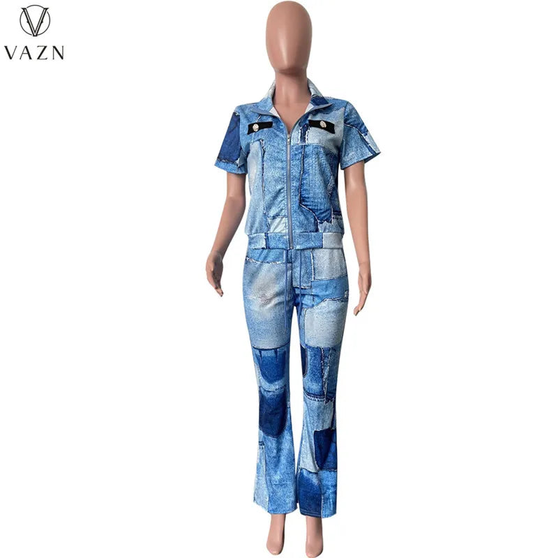 VAZN 2023 New Fashion Casual Street Style 2 Piece Sets Short Sleeve Lapel Zipper Top Elastic Long Pants Printed Women Set