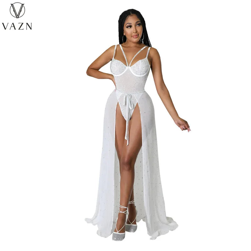 VAZN 2022 Sexy Club Party Style Women Suit Sleeveless Jumpsuits Elastic Floor Length Skirt Pure Color Two Piece Set