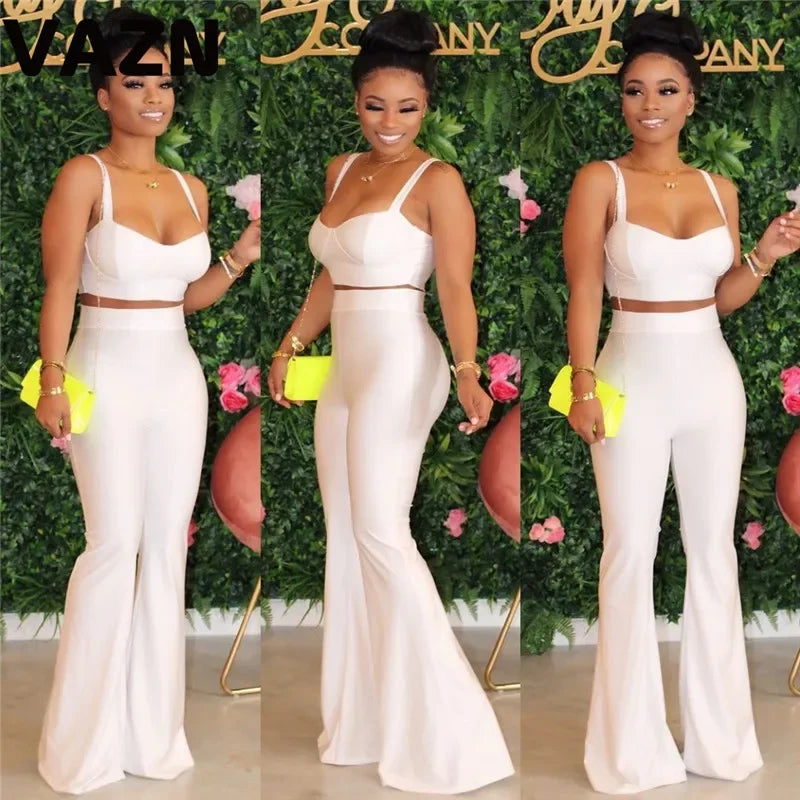 VAZN New 2020 Summer Sexy Club Birthday Outfits Solid Sleeveless Wide Leg Two Piece Set Elegant Sexy Lady Set