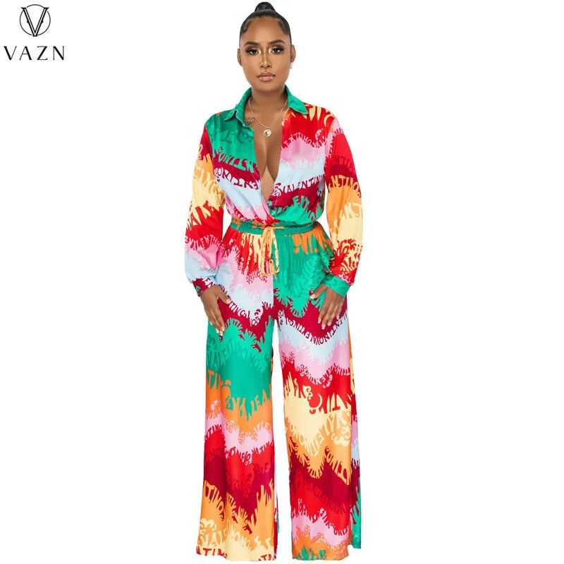 VAZN 2023 New Fashion Casual Street Style 2 Piece Sets Long Sleeve Lapel Shirt Elastic Long Pants Printed Women Set