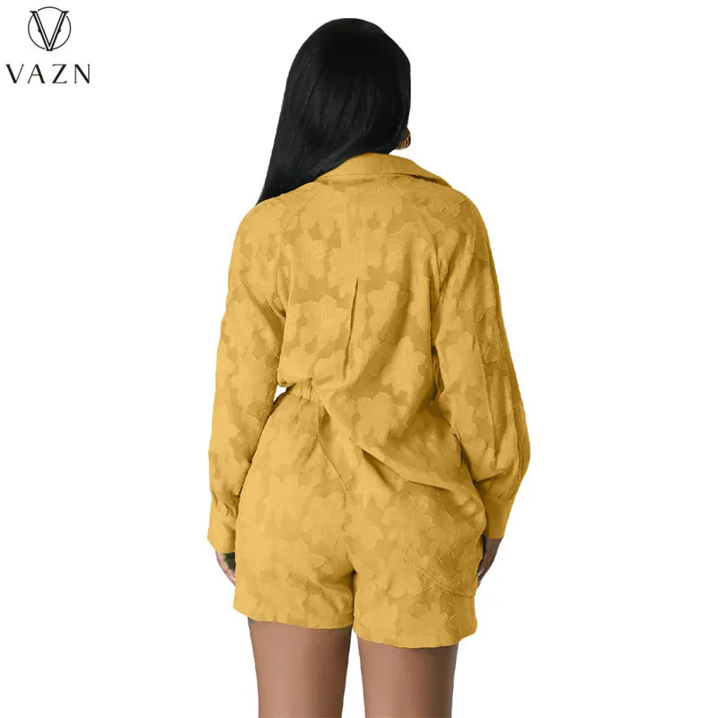 VAZN 2023 Street Casual Style Women Sets Long Sleeve Lapel Shirt Elastic Pockets Short Pants Lady Pure Color Lady Two Piece Set